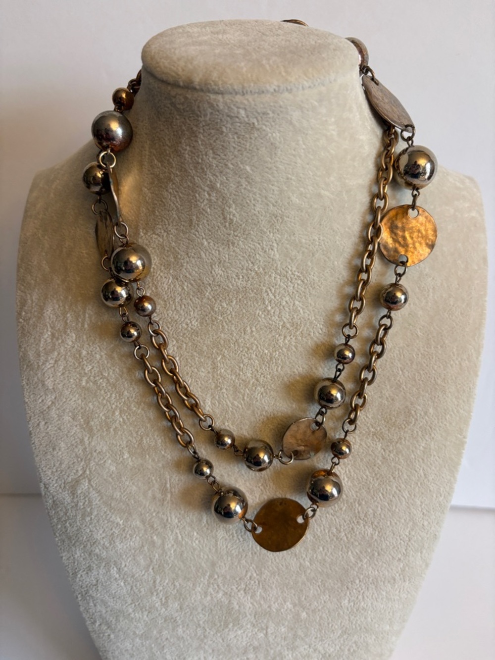 Long Gold Tone Disc & Bead Necklace | Mixed Metal Layering Chain Boho Statement